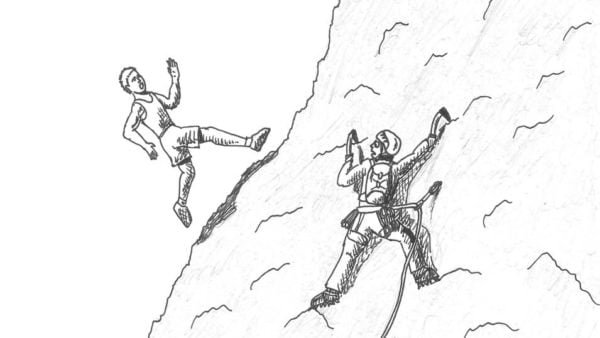 A climber is climbing a mountain, and next to it - unexpectedly - a runner is running up a mountain!